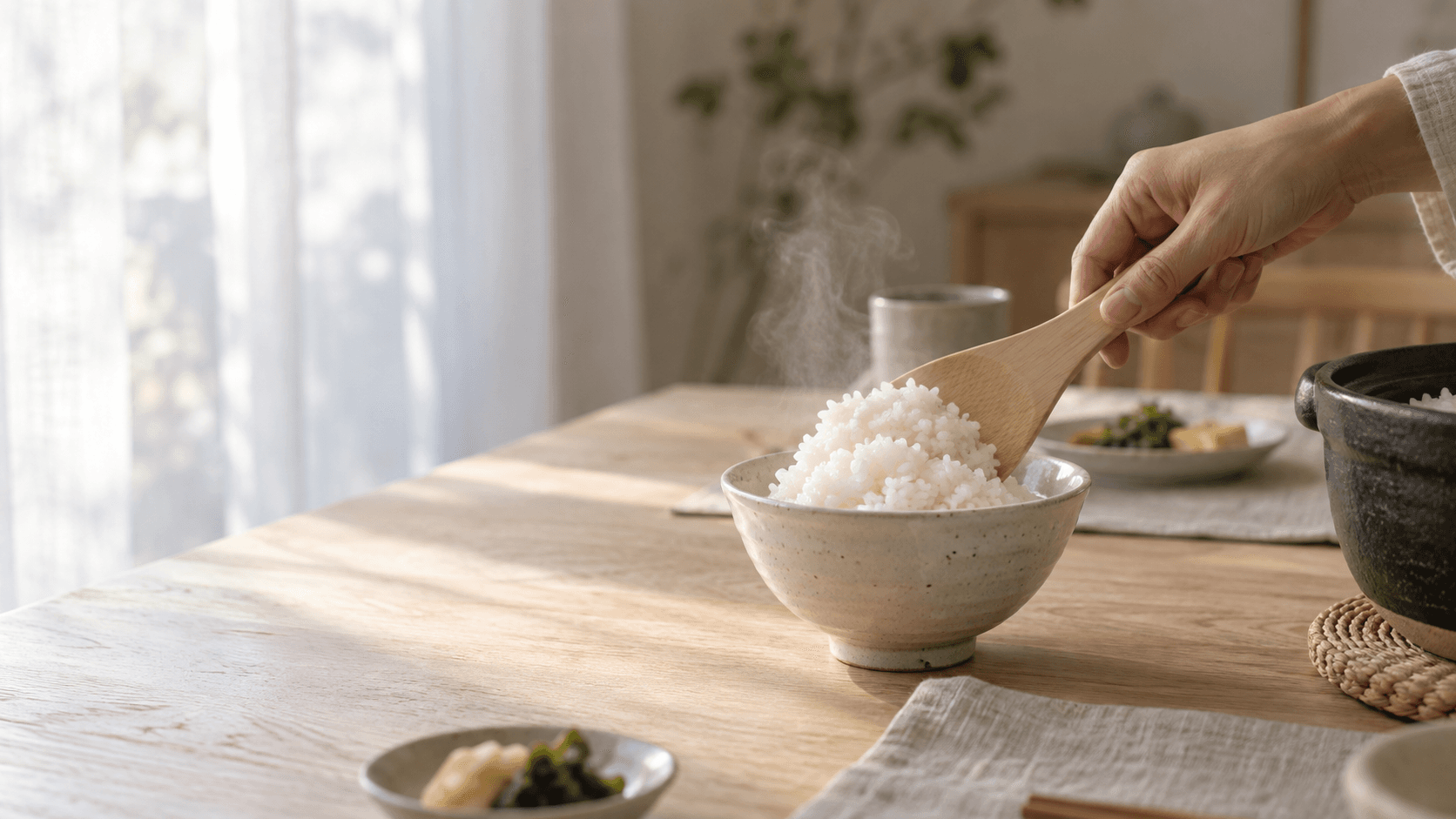 湯気の立つごはんをよそう手元のイメージ