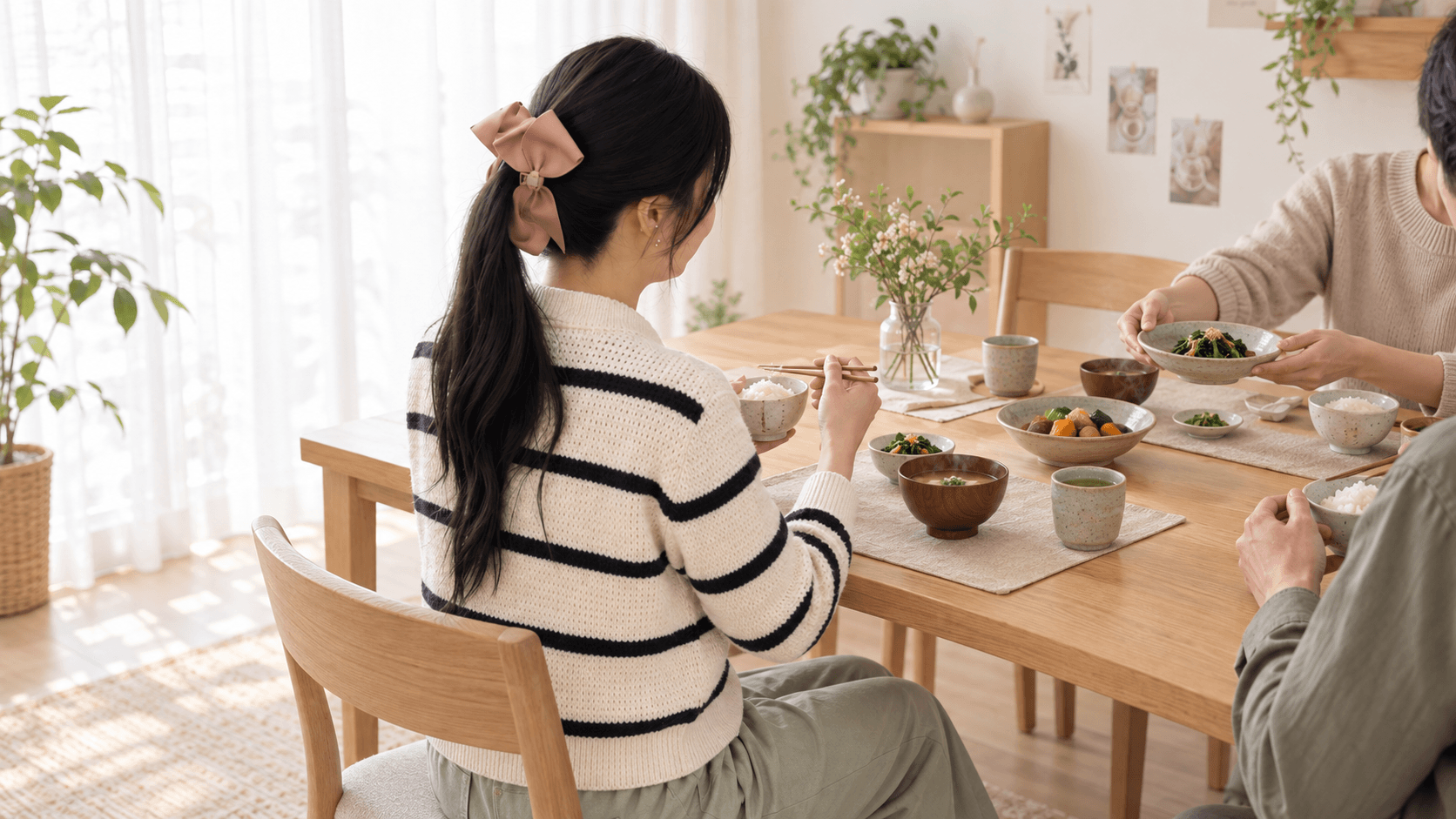自然光の中で食卓を囲む3人のイメージ(提供写真をAI加工)